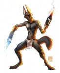 anthro black_body black_fur bottomwear clothing egyptian fur glowing glowing_eyes ice katar loincloth male melee_weapon simple_background smoke solo tail weapon white_background zaush anubite anubian_jackal canid canine canis deity jackal mammal digital_media_(artwork)