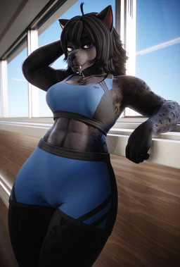 abs ahoge anthro athletic athletic_anthro athletic_female athletic_wear black_body black_fur black_hair blue_bottomwear blue_bra blue_clothing blue_eyes blue_shorts blue_sky blue_underwear bottomwear bra breasts clothing crop_top day fangs female fur gym_bottomwear gym_shorts hair hand_behind_head inside jewelry looking_at_viewer medium_breasts medium_hair melanistic midriff muscular muscular_anthro muscular_female necklace shirt shorts sky smile smiling_at_viewer solo sports_bra teeth thick_thighs topwear underwear whiskers wide_hips window annoad annoad_(modeler) shani_(annoad) felid mammal pantherine 3d_(artwork) digital_media_(artwork) hi_res