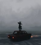 ambiguous_gender anthro car cloud cloudy_sky detailed_background fog gun headlights holding_gun holding_object holding_ranged_weapon holding_rifle holding_weapon motor_vehicle on_car ranged_weapon rear_view rifle sky solo standing standing_on_car toony_car vehicle weapon nule lada canid mammal hi_res