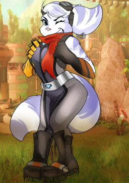 anthro belt blue_eyes boots clothing cybernetic_arm cybernetic_limb ear_piercing ear_ring eyebrows eyelashes eyewear eyewear_on_head female footwear fur gloves goggles goggles_on_head handwear head_tuft one_eye_closed piercing red_scarf ring_piercing scarf shoes smile solo standing striped_body striped_fur stripes tuft white_body white_fur wink crescentnocturn ratchet_and_clank sony_corporation sony_interactive_entertainment rivet_(ratchet_and_clank) lombax mammal 2026 absurd_res hi_res