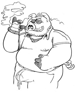 anthro bald beard bodily_fluids bulge cigar clock cum facial_hair genital_fluids hooves jewelry leaking_cum male necklace snout solo tail watch billy_fore domestic_pig mammal suid suine sus_(pig) hi_res monochrome
