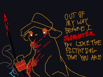 ambiguous_gender blood bodily_fluids clothing dialogue duo feral hat headgear headwear melee_weapon outline polearm spear weapon botanics rain_world videocult fan_character unnamed_hat_scug_(botanics) scavenger_(rain_world) slugcat 4:3 animated high_framerate