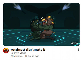 anthro big_muscles bodily_fluids crying duo female hexagon hug huge_muscles humor hyper hyper_muscles missiles muscular scared tears text youtube_thumbnail aj_lethal lori_(aj_lethal) reimy_(agonwolfe) reptile scalie tortoise tortoise_humanoid turtle english_text
