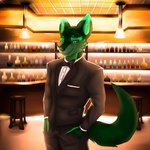 anthro bar beverage black_tie_(suit) clothing male slim solo suit silverray17 robocheezits canid canine canis mammal wolf 1:1 absurd_res hi_res