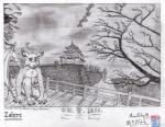alin_raven bridge canid canine castle cherry_blossom fox fur greyscale japanese male mammal membrane_(anatomy) membranous_wings monochrome plant solo wings zaiere