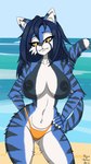 anthro beach big_breasts bikini blue_body blue_fur blue_hair bottoms breasts clothed clothing fangs female fluffy fluffy_fur fur hair looking_at_viewer messy_hair nipples nude outside sand sea seaside smile smirk solo stripes summer swimwear teeth topless two-piece_swimsuit water yellow_eyes omgawd felicia_(tailsrulz) felid feline mammal pantherine tiger 9:16 hi_res portrait three-quarter_portrait