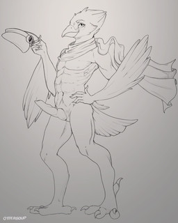 animal_genitalia anthro beak blue_eyes claws clothing erection feathered_wings feathers genitals hat headgear headwear holding_clothing holding_hat holding_headgear holding_headwear holding_object looking_at_viewer male nipples nude penis pilot scarf simple_background smile solo standing uniform wind wings ottersoup avian bird columbid pigeon 4:5 absurd_res digital_media_(artwork) hi_res