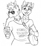 2_heads anthro aviator_glasses bendy_straw breasts clothed clothing collar conjoined container cup drinking_straw eyebrows eyewear fauxhawk female fur glasses multi_head open_mouth raised_eyebrows satchel shirt soft_drink solo sunglasses t-shirt teeth topwear raptorslut arki_(arcturus) hybrid mammal mephitid skandark skunk digital_media_(artwork) monochrome