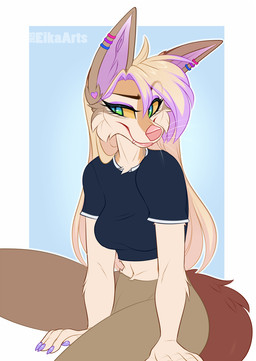 5_fingers anthro biped border bottomwear breasts brown_body brown_fur brown_hair brown_tail claws clothed clothed_anthro clothed_female clothing female finger_claws fingers front_view fully_clothed fully_clothed_anthro fully_clothed_female fur green_eyes hair navel pants simple_background sitting smile solo tail teeth topwear white_border yellow_sclera ei-ka canid canine fox mammal 2025 digital_drawing_(artwork) digital_media_(artwork) hi_res