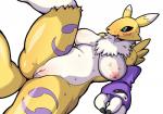 2017 3_fingers anthro areola bandai_namco black_sclera bodily_fluids breasts canid canine clothing digimon digimon_(species) drooling female fingers fur genitals gloves gradient_background green_eyes handwear kori-nio lying mammal markings natural_breasts neck_tuft nipples nude on_back open_mouth pussy renamon saliva simple_background solo spread_legs spreading sweat tongue tongue_out tuft white_body white_fur yellow_body yellow_fur yin_yang