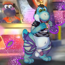 anthro balls burger clothing eating eating_food flaccid food genitals hair humanoid_genitalia male overweight penis reality_shift solo species_transformation standing tongue tongue_out torn_clothing transformation weight_gain orangestheasd mario_bros nintendo human mammal yoshi hi_res