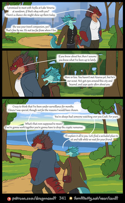 3_panel_comic anthro bench black_horn black_stripes bottomwear brown_hair clothed clothing cloud coat dialogue digit_ring duo eyewear female finger_ring frill_(anatomy) fur furaffinity_logo glasses green_eyes hair hand_in_pocket hand_on_shoulder head_crest head_frill horn jacket jewelry lake looking_at_another male name_in_dialogue outside page_number pants park path patreon_logo plant pockets purse purse_over_shoulder red_body scales shirt sky speech_bubble spiked_tail spikes spikes_(anatomy) street_lamp stripes tail tan_body tan_fur teal_body teal_scales text topwear tree walking yellow_eyes rimentus furaffinity mythology patreon coalt rysindra_(rimentus) aquatic aquatic_dragon dragon furred_dragon furred_scalie mythological_creature mythological_scalie scalie wingless_dragon comic english_text hi_res multiple_scenes url