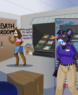 anthro belt bodily_fluids bottomwear butt clothed clothing crying_laughing duo eyewear female fur genital_fluids glasses hair laugh open_mouth panties pants shirt shorts simple_background smile tail tears teeth text thong topwear underwear urine watersports x-ray_view raveneevee nia_(naddyhuck) deer felid mammal prehistoric_species saber-toothed_tiger absurd_res digital_media_(artwork) english_text hi_res