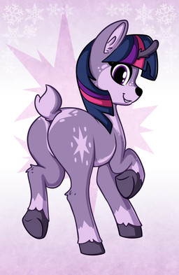 abstract_background alternate_species butt female feral freckles hooves looking_at_viewer looking_back raised_hoof smile smiling_at_viewer snowflake solo andelai friendship_is_magic hasbro my_little_pony twilight_sparkle_(mlp) deer mammal new_world_deer reindeer hi_res
