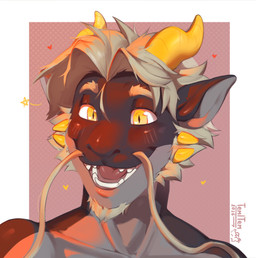 2_horns anthro barbel_(anatomy) beard biped black_body black_scales blonde_hair blush blush_lines border brown_body cheek_spikes countershading eyebrows facial_hair facial_spikes fangs flesh_whiskers front_view fur glistening glistening_eyes goatee grey_body grey_fur grey_hair grey_scales hair happy heart_symbol horn looking_at_viewer male male_anthro multi_horn multicolored_body nude open_mouth open_smile orange_horn pink_background pink_tongue pupils red_tongue scales short_hair simple_background slit_pupils smile smiling_at_viewer solo spikes spikes_(anatomy) star tan_hair teeth text tongue two_tone_body whiskers white_background white_border white_hair yellow_eyes yellow_horn tem1tem mythology dragon eastern_dragon mythological_creature mythological_scalie scalie artist_name bust_portrait dated digital_media_(artwork) headshot_portrait hi_res icon portrait shaded signature