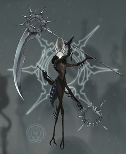 2_toes 4_arms 4_fingers ambiguous_gender anthro arthropod_abdomen biped black_body black_exoskeleton blurred_background exoskeleton feet fingers holding_melee_weapon holding_object holding_polearm holding_scythe holding_weapon melee_weapon multi_arm multi_limb polearm scar scythe solo toes weapon demgozellegs hollow_knight:_silksong hollow_knight_(franchise) team_cherry hornet_(hollow_knight) arthropod 2025 absurd_res full-length_portrait hi_res portrait watermark female_(lore)