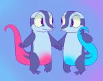 ambiguous_gender anthro duo eye_contact hand_holding holding_tail looking_at_another nervous nude simple_background smile standing tail young young_ambiguous young_anthro perish_(artist) azul_(perish) tinto_(character) lizard reptile scalie skink sibling_(lore) twins_(lore)