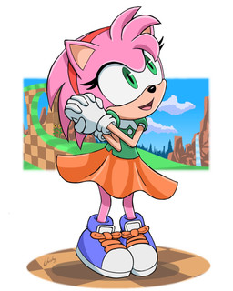 anthro boots bottomwear clothing cloud ears_up eyelashes female footwear gloves green_eyes hair hands_together handwear mountain open_mouth outside pink_body pink_hair shoes skirt sky solo tongue chisheq sega sonic_the_hedgehog_(series) amy_rose eulipotyphlan hedgehog mammal 4:5 hi_res