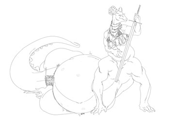 belly big_belly female horn huge_belly melee_weapon overweight simple_background solo sword weapon white_background grindaviking lizard reptile scalie taur 2019 hi_res