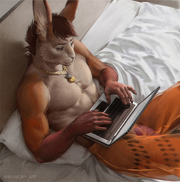 5_fingers abs anthro bed biceps bottomwear chain clothed clothing computer ear_piercing ear_ring electronics fingers flaccid fur furniture genitals gold_(metal) gold_chain gold_jewelry hair humanoid_genitalia humanoid_penis jewelry laptop lying male muscular muscular_anthro muscular_male on_back on_bed pecs penis piercing ring_piercing shorts solo topless topless_anthro topless_male translucent translucent_clothing nikkimory lagomorph leporid mammal rabbit digital_media_(artwork)