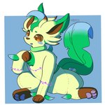 1:1 2021 ambiguous_gender animate_inanimate blush blush_lines brown_eyes chest_tuft collar collar_only eeveelution feral generation_4_pokemon heart_symbol hi_res leaf leaf_hair leaf_tail leafeon living_plushie looking_at_self magic mid_transformation nintendo nude nulloffset open_mouth pawpads paws plant plant_hair plushie plushie_tag plushie_transformation plushification pokemon pokemon_(species) pseudo_hair signature simple_background sitting sitting_on_ground solo spread_legs spreading stitch_(sewing) tail transformation tuft