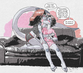 anthro blush breasts clothing dialogue duo female female/female furniture non-mammal_breasts scales sofa tail teasing text ventral_scales arcanethewoof mythology rachel_wright_(character) robin_wright_(character) dragon mythological_creature mythological_scalie scalie white_dragon_(species) english_text hi_res sibling_(lore) sister_(lore) sisters_(lore)