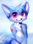 ambiguous_gender anthro arm_tuft black_nose blue_body blue_fur blue_hair blue_tail cheek_tuft chest_tuft facial_tuft fur glistening glistening_eyes gloves_(marking) hair looking_at_viewer markings nude paw_markings pink_eyes red_markings short_hair shoulder_tuft simple_background smile solo tail teeth tuft white_body white_fur young young_anthro bloominglynx mammal species_request 2023 absurd_res half-length_portrait hi_res portrait