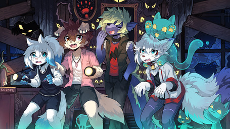 5_fingers anthro biped brown_hair clothed clothing dipstick_ears dipstick_tail ear_markings fingers flashlight floppy_ears fur group hair holding_flashlight holding_object inner_ear_fluff kemono male markings multi_tail multicolored_ears open_mouth pawpads tail tail_markings tuft white_body white_fur white_hair yawn penguinexperience mythology aiden_(penguinexperience) ladon_(character) canid canine canis domestic_dog dragon felid feline fox ghost mammal mythological_creature mythological_scalie scalie spirit 16:9 hi_res widescreen