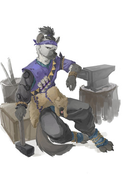 accessory animal_skin anthro anvil bottomwear clothing grey_body hair headband holding_melee_weapon holding_object holding_weapon looking_at_viewer male markings melee_weapon solo spots spotted_body tail weapon clowd_fc arknights hypergryph studio_montagne spot_(arknights) hyena mammal spotted_hyena 2026
