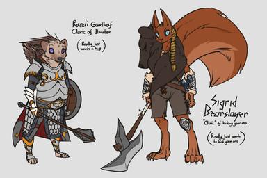 animal_skin anthro armor axe blonde_hair blue_eyes boob_armor braided_hair brown_body brown_fur cape claws clothing duo female fur fur_armor greataxe hair jewelry mace melee_weapon necklace purple_eyes shield simple_background sword tan_body tan_fur text viking weapon white_background feretta randi_goodleaf sigrid_bearslayer bear eulipotyphlan hedgehog mammal rodent sciurid tree_squirrel 3:2 digital_media_(artwork) english_text hi_res