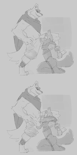 animal_genitalia animal_penis ankle_wraps anthro anthro_on_anthro arm_tuft arms_tied ball_gag balls bdsm big_penis blush bodily_fluids bondage bottomwear bound bulge canine_genitalia canine_penis cheek_tuft cloak clothed clothing dominant dominant_male drooling duo ears_up elbow_tuft erection eyebrows face_in_crotch facial_markings facial_tuft fluffy fluffy_tail fur fuzzy gag gagged genitals grinding hand_on_hip hands_behind_back head_markings kneeling knot leg_on_shoulder legs_tied looking_at_another looking_at_genitalia looking_at_partner looking_at_penis looking_down looking_down_at_another looking_down_at_partner male male/male markings mask_(marking) muscular muscular_anthro muscular_male neck_tuft nervous nervous_sweat nude open_bottomwear open_clothing open_pants pants pawpads penis penis_in_face penis_on_shoulder poncho raised_leg restrained restrained_arms restrained_legs restraints rope rope_bondage saliva side_view simple_background size_difference smile standing submissive submissive_male sweat sweatdrop tail teeth tuft wide_eyed wraps gato_matero dreamworks puss_in_boots_(franchise) death_(puss_in_boots) canid canine canis mammal wolf 1:2 absurd_res hi_res monochrome multiple_images sequence sketch