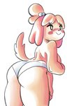 anthro blush blush_lines breasts butt butt_focus clothing covering covering_breasts female fur nervous panties rear_view side_boob simple_background smile solo underwear white_background yellow_body yellow_fur panthera_cantus animal_crossing nintendo isabelle_(animal_crossing) canid canine canis domestic_dog mammal colored hi_res