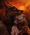 anthro black_body black_fur blood bodily_fluids brown_eyes carrying_another cloak clothing duo eyes_closed fire fur hug male scar white_body white_fur wounded kenket rukis puquanah ransom arctic_fox canid canine canis coyote fox mammal true_fox wolf 2014 colored painting_(artwork) traditional_media_(artwork)