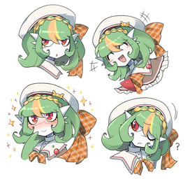 blonde_hair blush bow_ribbon closed_smile clothing eyelashes eyes_closed female female_humanoid frilly frilly_clothing glistening glistening_eyes green_body green_hair hair happy hat head_tilt headgear headwear long_hair mouth_closed multicolored_hair one_eye_closed open_mouth open_smile orange_hair question_mark red_eyes smile solo sparkles white_body blushily nintendo pokemon gardevoir generation_3_pokemon humanoid pokemon_(species) 2026 digital_drawing_(artwork) digital_media_(artwork) expression_sheet hi_res