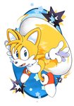 anthro blue_eyes clothing flying footwear fur gloves handwear helicopter_tail male open_mouth shoes simple_background solo star white_background white_body white_fur yellow_body yellow_fur mennnntaiko sega sonic_the_hedgehog_(series) miles_prower canid canine fox mammal 2020 hi_res