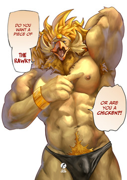 anthro armpit_fetish armpit_hair big_muscles blonde_hair blue_eyes body_hair bracelet bulge clothed clothing dialogue front_view hair jewelry male manly muscular muscular_anthro muscular_male open_mouth solo speech_bubble text underwear underwear_only fuyifuji rawk_hawk avian bird absurd_res english_text hi_res