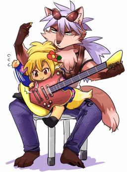 anthro clothing duo electric_guitar female fur guitar japanese kemono male musical_instrument playing_guitar playing_music plucked_string_instrument string_instrument 1boshi canid canine fox mammal