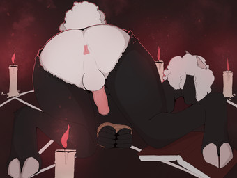 anthro balls bent_over book bound butt candle erection femboy fur genitals hair horn male nude occult_symbol penis pentagram restraints simple_background smoke solo symbol tail nikita_vulpes cult_of_the_lamb massive_monster_(studio) lamb_(cult_of_the_lamb) bovid caprine mammal sheep absurd_res hi_res