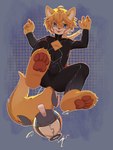 4_fingers 4_toes anthro blue_eyes bottomwear bulge clothing feet fingers foot_focus kemono looking_at_viewer male orange_body pawpads simple_background solo toes topwear young young_male ningning canid mammal 3:4 hi_res