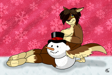 anthro big_butt blue_eyes bodypaint breasts brown_body brown_fur brown_hair butt clothing female fur hair half-closed_eyes hat hat_only headgear headgear_only headwear headwear_only holidays looking_at_viewer mostly_nude narrowed_eyes nude pose simple_background smile snowman solo tail thick_thighs wide_hips yellow_sclera unclescooter christmas lucy_lupa canid canine canis mammal wolf digital_media_(artwork) pinup