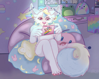 ambiguous_gender anthro comforting controller cozy fluffy fluffy_tail game_controller gaming hair multicolored_hair piercing plushie rainbow_hair smile solo tail pyroashes canid canine fennec_fox fox mammal true_fox wholesome absurd_res hi_res nonbinary_(lore)