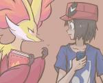 anthro bedroom_eyes bodily_fluids book brown_background duo female half-closed_eyes male narrowed_eyes seductive simple_background sweat sweatdrop gd-058 nintendo pokemon calem_(pokemon) canid canine delphox generation_6_pokemon human mammal pokemon_(species) 5:4