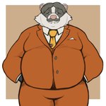 anthro anthrofied clothed clothing eyes_closed eyewear fur glasses hands_in_both_pockets male multicolored_body multicolored_fur overweight overweight_anthro overweight_male simple_background solo suit_and_tie smush-sin marvin_grossberg badger mammal mustelid musteline 1:1 2024 colored digital_drawing_(artwork) digital_media_(artwork) hi_res