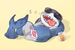 beverage container cup eyes_closed eyewear male open_mouth pawpads shark_tail simple_background sleeping solo sunglasses tail tongue tongue_out s2xyon marvel_rivals jeff_the_land_shark fish marine shark hi_res