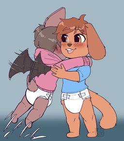 ageplay anthro barefoot biped blue_background blue_clothing blue_shirt blue_t-shirt blue_topwear blush blush_lines brown_body brown_ears brown_fur brown_hair chibi clean_diaper clothed clothing diaper duo featureless_feet feet floppy_ears fur glistening glistening_eyes gradient_background grey_background hair happy hoodie infantilism male male/male open_mouth open_smile orange_eyes pantsless pink_clothing pink_hoodie pink_topwear roleplay shirt simple_background smile standing t-shirt teeth text toddler topwear wearing_diaper white_diaper young young_anthro riddlr flo_(overflo207) phino bat canid mammal 2023 absurd_res artist_name flat_colors hi_res