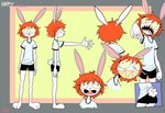 3_toes 5_fingers anthro big_eyes big_teeth bottomwear buckteeth butt butt_shot clothing cotton_tail cutaway eyelashes feet female fingers front_view gesture goofy_smile grin hair hand_gesture long_ears no_sclera orange_hair paws red_nose shirt short_hair shorts side_view simple_background smile solo tail teeth teeth_showing text toes topwear whiskers white_body yellow_sclera tamal happy_(tamal) lagomorph leporid mammal rabbit 2023 absurd_res artist_name character_name colored hi_res model_sheet signature translated