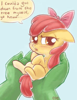 blue_background blush dialogue duo female feral green_body green_skin hair red_hair simple_background text young young_feral mcponyponypony friendship_is_magic hasbro my_little_pony anon apple_bloom_(mlp) earth_pony equid equine horse mammal pony 2015 english_text
