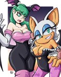 alternate_costume anthro bat_wings breasts cleavage clothed clothing clothing_swap duo female fur gloves green_eyes green_hair hair handwear lipstick makeup membrane_(anatomy) membranous_wings smile tan_body white_body white_fur wings nanus2 capcom darkstalkers sega sonic_the_hedgehog_(series) morrigan_aensland rouge_the_bat bat human humanoid mammal succubus 4:5 absurd_res crossover hi_res