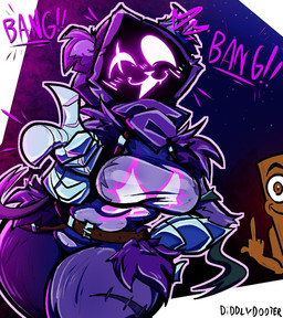 :3 animal_ears anthro belly belt belt_buckle big_breasts black_face blush blush_lines breasts buckle clothing cute_fangs exclamation_point eye_scar facial_scar fangs female finger_gun fingerguns flirting flirting_with_viewer fur gesture glowing glowing_eyes hand_gesture hand_on_hip heart_symbol hearts_around_head kerchief looking_at_viewer middle_finger one_eye_closed open_mouth open_smile purple_body purple_clothing purple_eyes purple_fur purple_text scar seam_(sewing) shadow shadow_face simple_background slightly_chubby smile solo stitch_(sewing) surgical_suture teeth text thick_thighs wide_hips wink winking_at_viewer diddlydooter1 epic_games fortnite raven_team_leader tung_tung_tung_sahur bear mammal artist_name digital_drawing_(artwork) digital_media_(artwork) hi_res signature