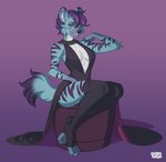 anthro blue_body blue_fur breasts clothed clothing eyebrows eyelashes female fur hair purple_background purple_hair simple_background smile solo yellow_eyes charmrage kalla_(kallayeen) hyena mammal 2021 digital_media_(artwork) hi_res nonbinary_(lore)